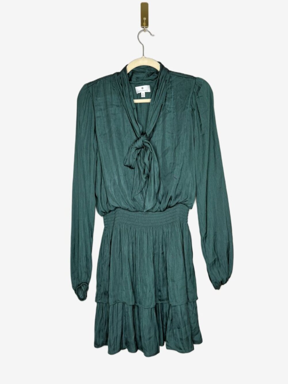 Socialite Smocked Tiered Satin Dress – Emerald Green – Long Sleeve – Medium